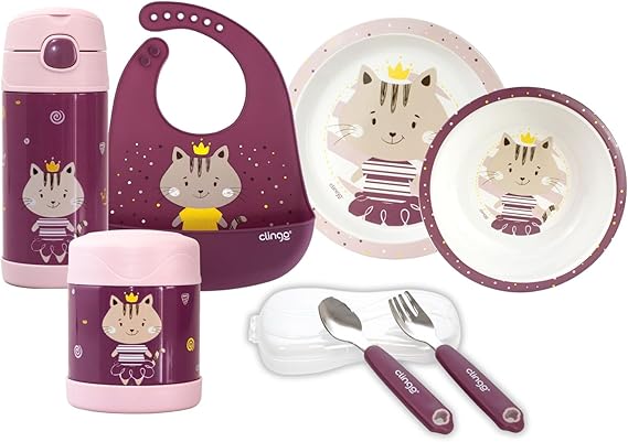 Clingo Kit Alimentação Bebê 7 Peças, Babador, Garrafa + Pote Térmico, Tigela e Prato, Talheres em Metal, Livre de BPA, Roxo